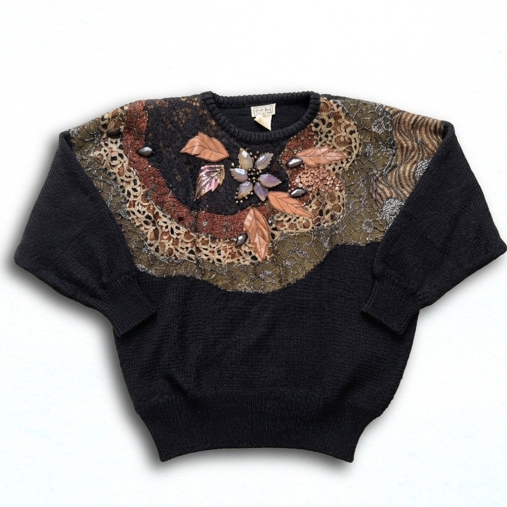 Vintage Escala Black Knit Sweater Lace Metallic 3D Floral Leaf Embellished Large